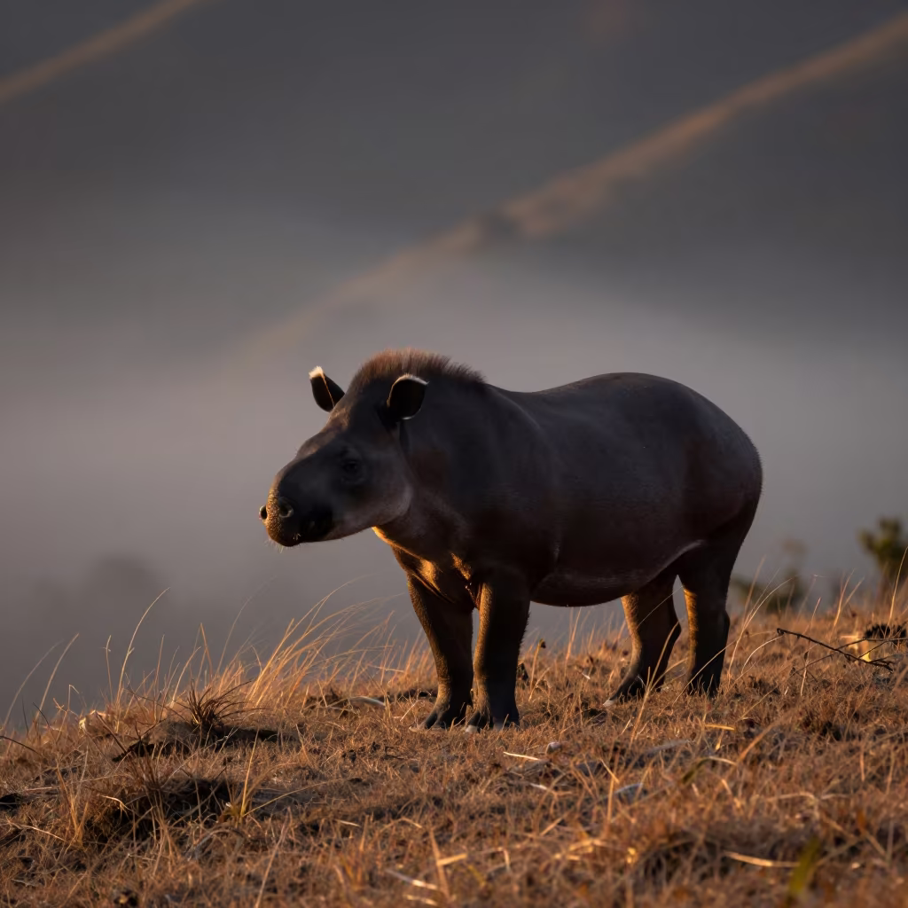 Tapir on Wind-Scoured Ridge at Sunset in on a wind-scoured ridge in Indonesia