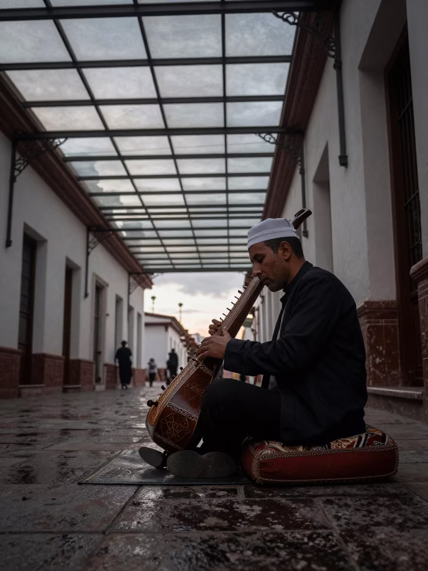 Tar Player in Glass Arcade at Dawn in inside a glass-roofed arcade near Oruro