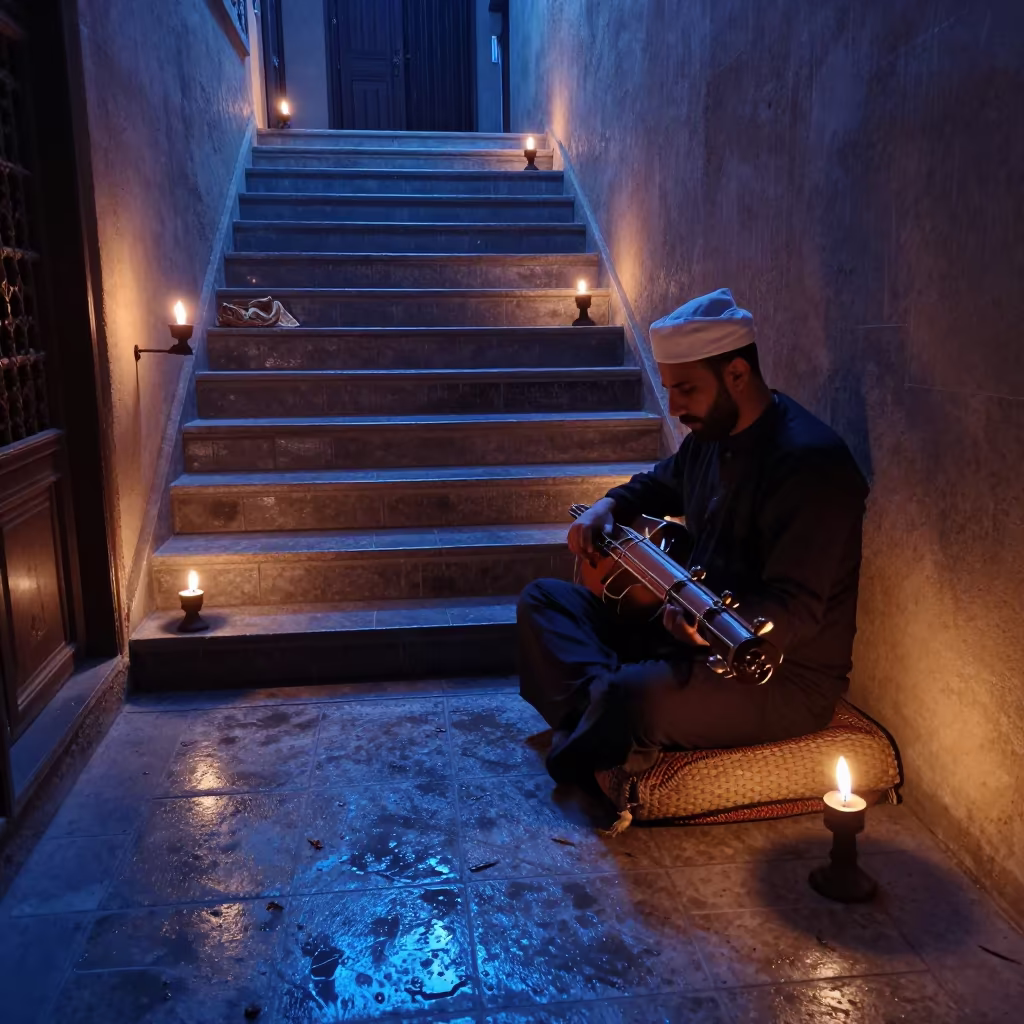 Tar Player in Indigo Courtyard in inside a tiled stair hall in Masvingo