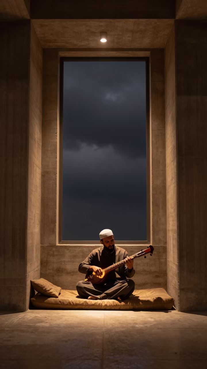 Tar Player in Ribbed Concrete Lobby Night in inside a ribbed concrete lobby in Okene