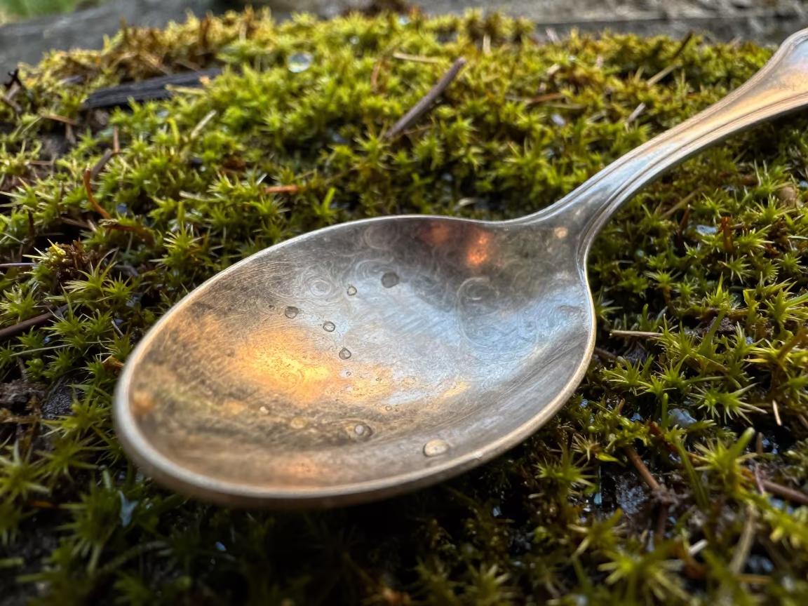 Tarnish Patterns on Antique Silver Spoon in on dew-soaked moss in Gütersloh