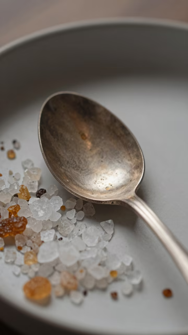 Tarnished Silver Spoon Salt Crystals Cancun in on salt crystals along a pan rim near Cancun