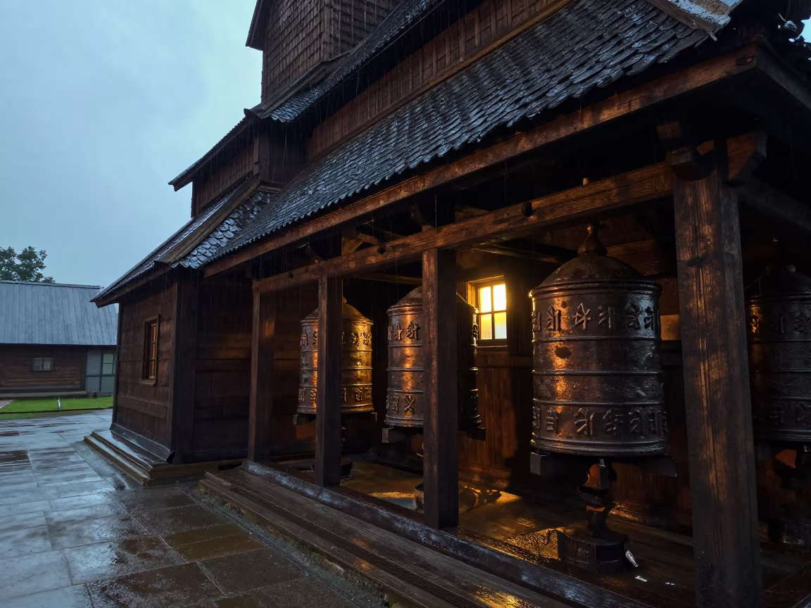 Tarred Stave Church Beside Prayer Wheel Corridor in beside a prayer wheel corridor in Surat