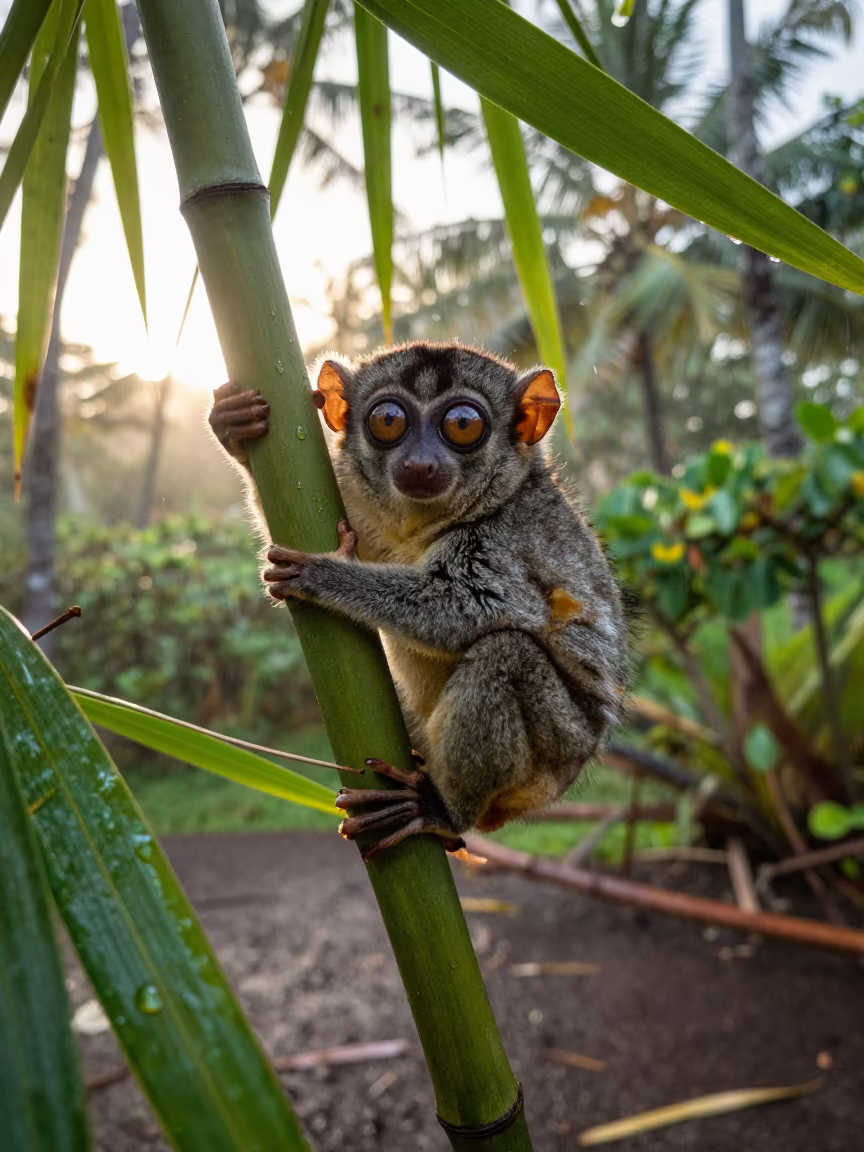 Tarsier with Giant Eyes on Bamboo at Dawn in in Hawaii