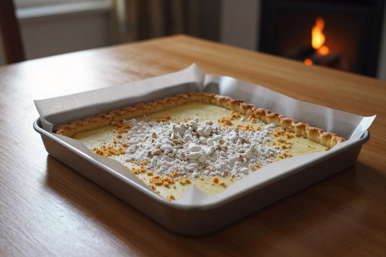 Tart Tin Crumbs Firelight Oak Table Chakwal in on a parchment-lined pastry tray in Chakwal