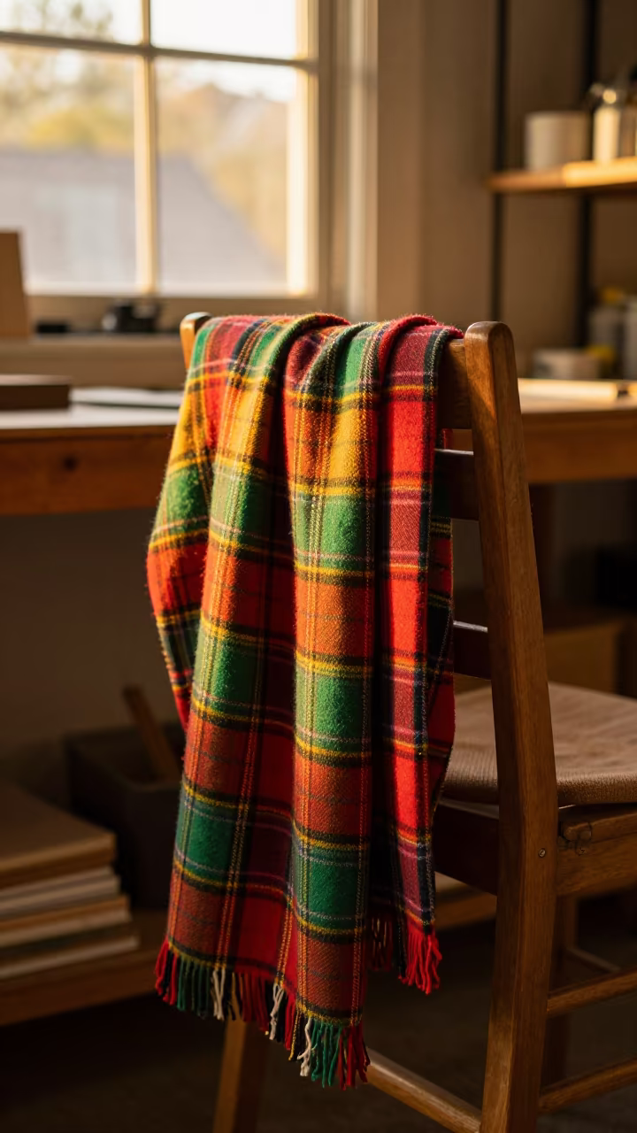Tartan Plaid Draped Over Chair in Workshop in on a workshop shelf near Garden District, New Orleans