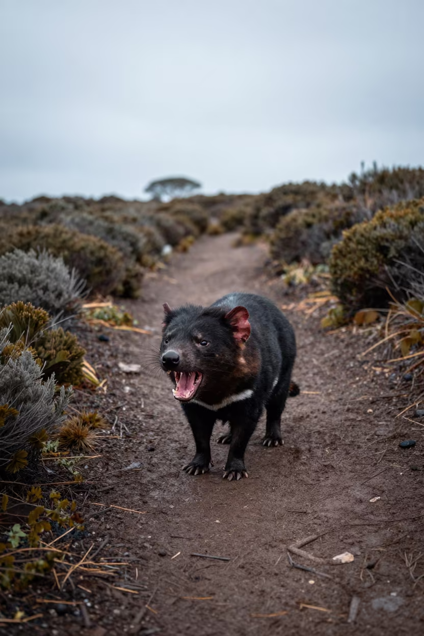 Tasmanian Devil Snarling on Asmara Game Trail in along a game trail near Asmara