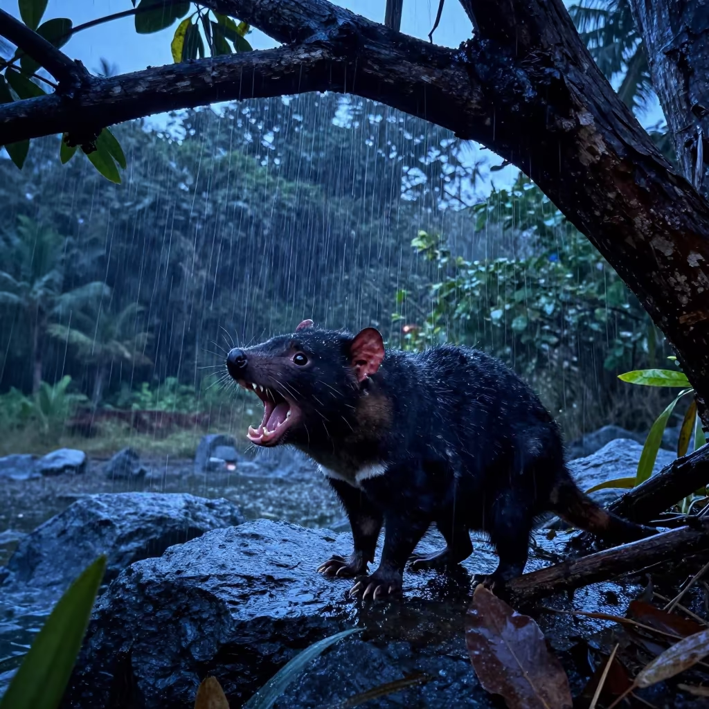 Tasmanian Devil Snarling Under Blue Hour in in Comoros