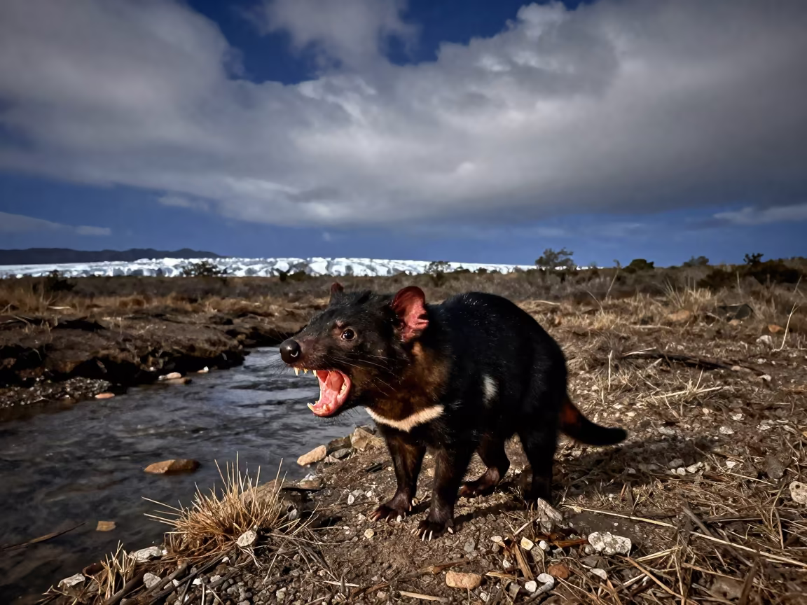 Tasmanian Devil Snarling Near Glacial Stream Cuba in above a glacial stream in Cuba
