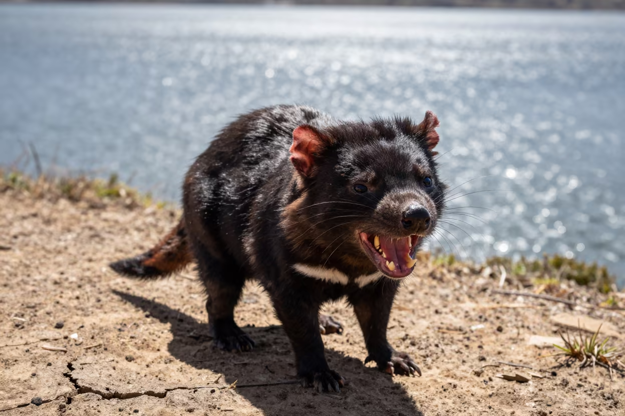Tasmanian Devil Snarling on Wind-Scoured Ridge in on a wind-scoured ridge near Accra
