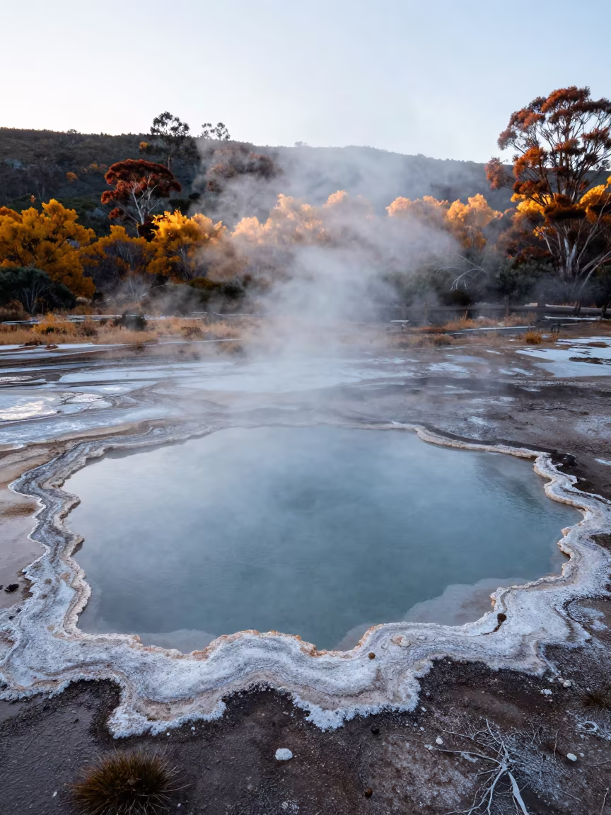 Tasmanian Hot Spring Mist at Sunrise in across a floodplain after rain in Tasmania