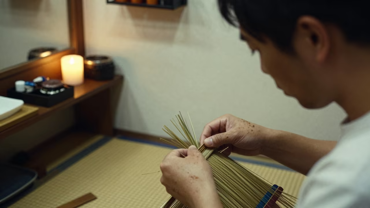 Tatami Weaver in Ginza Barber Shop in inside a small barber shop in Ginza, Tokyo