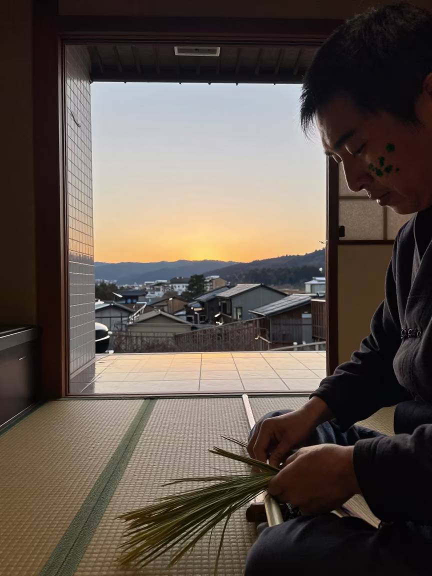 Weaver with Rush Stains in Amber Light in in a tiled kitchen doorway in Kanazawa