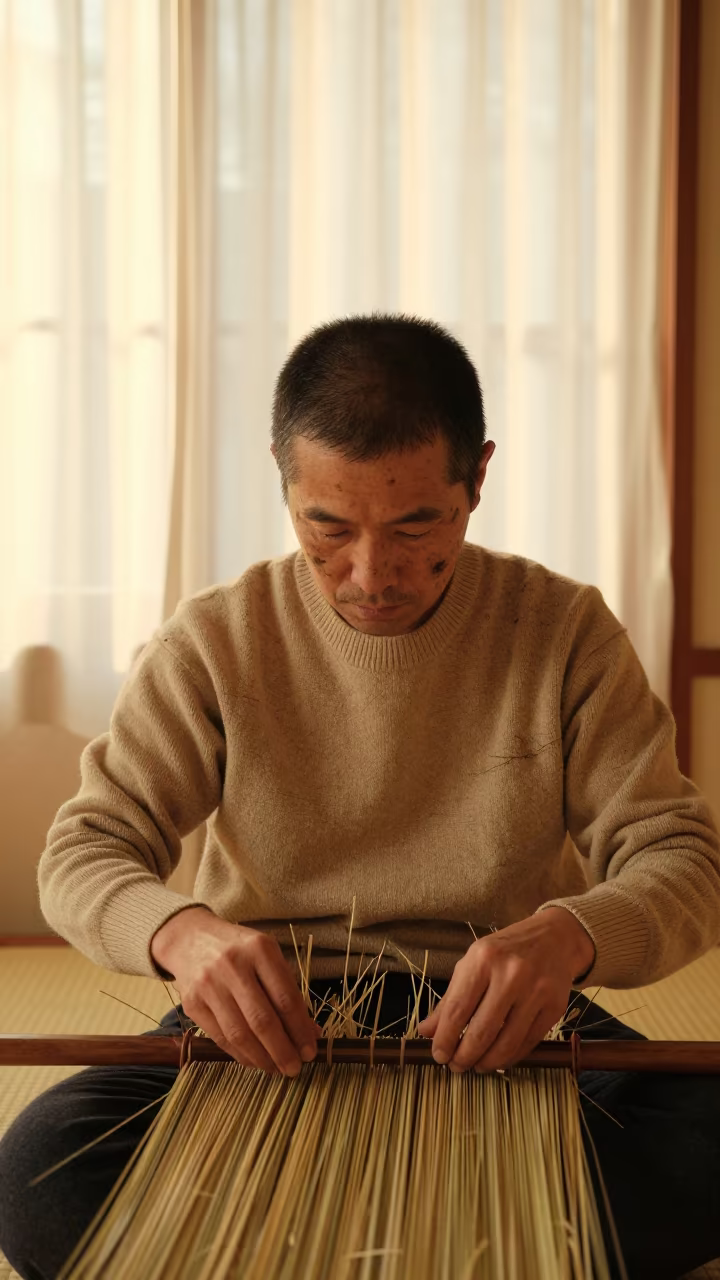 Tatami Weaver Rush Stains Golden Hour Portrait in beside a curtain-diffused window in Tokyo