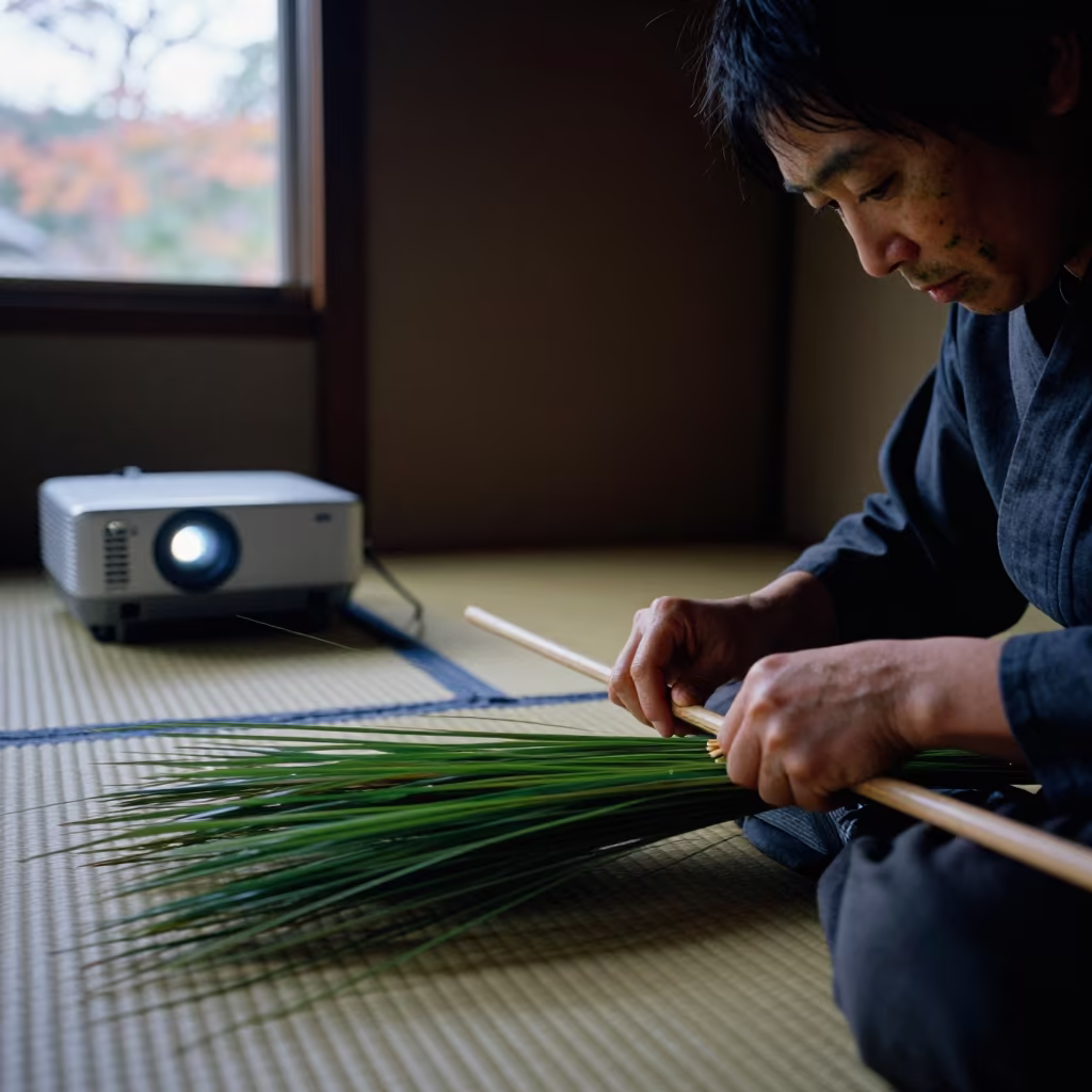 Tatami Weaver with Rush Stains in Kyoto in beside a curtain-diffused window in Kyoto
