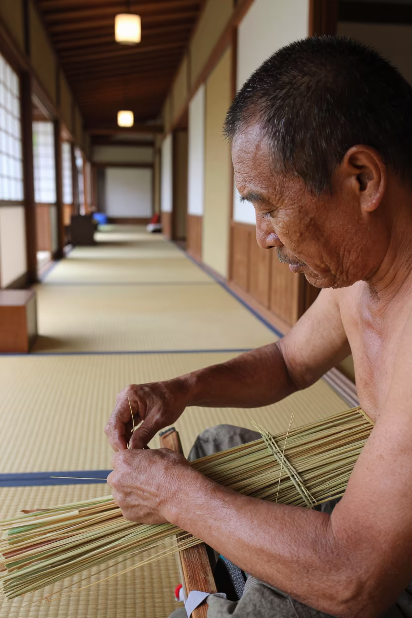 Tatami Weaver Rush Stains Noon Light Kyoto in in a north-lit studio in Philosopher's Path, Kyoto