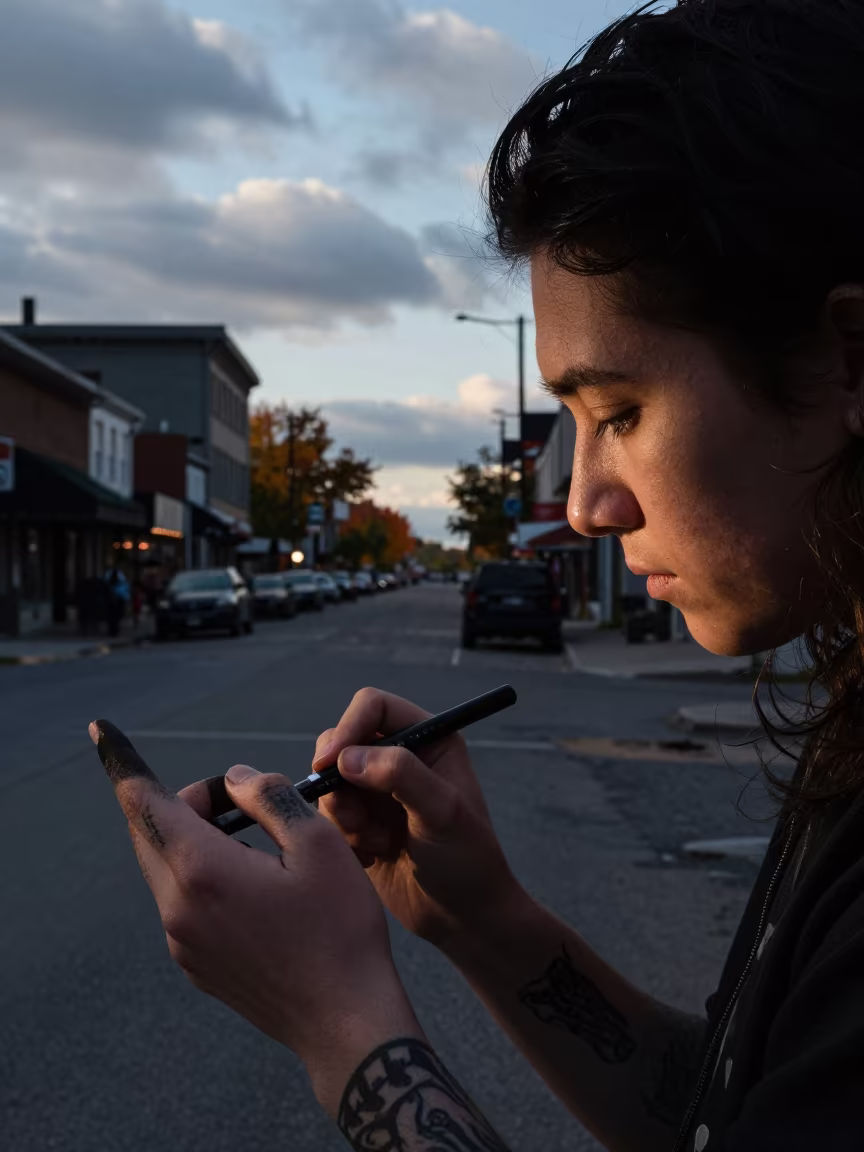 Tattoo Artist in Autumn Market Shadow in along a market lane in Winnipeg