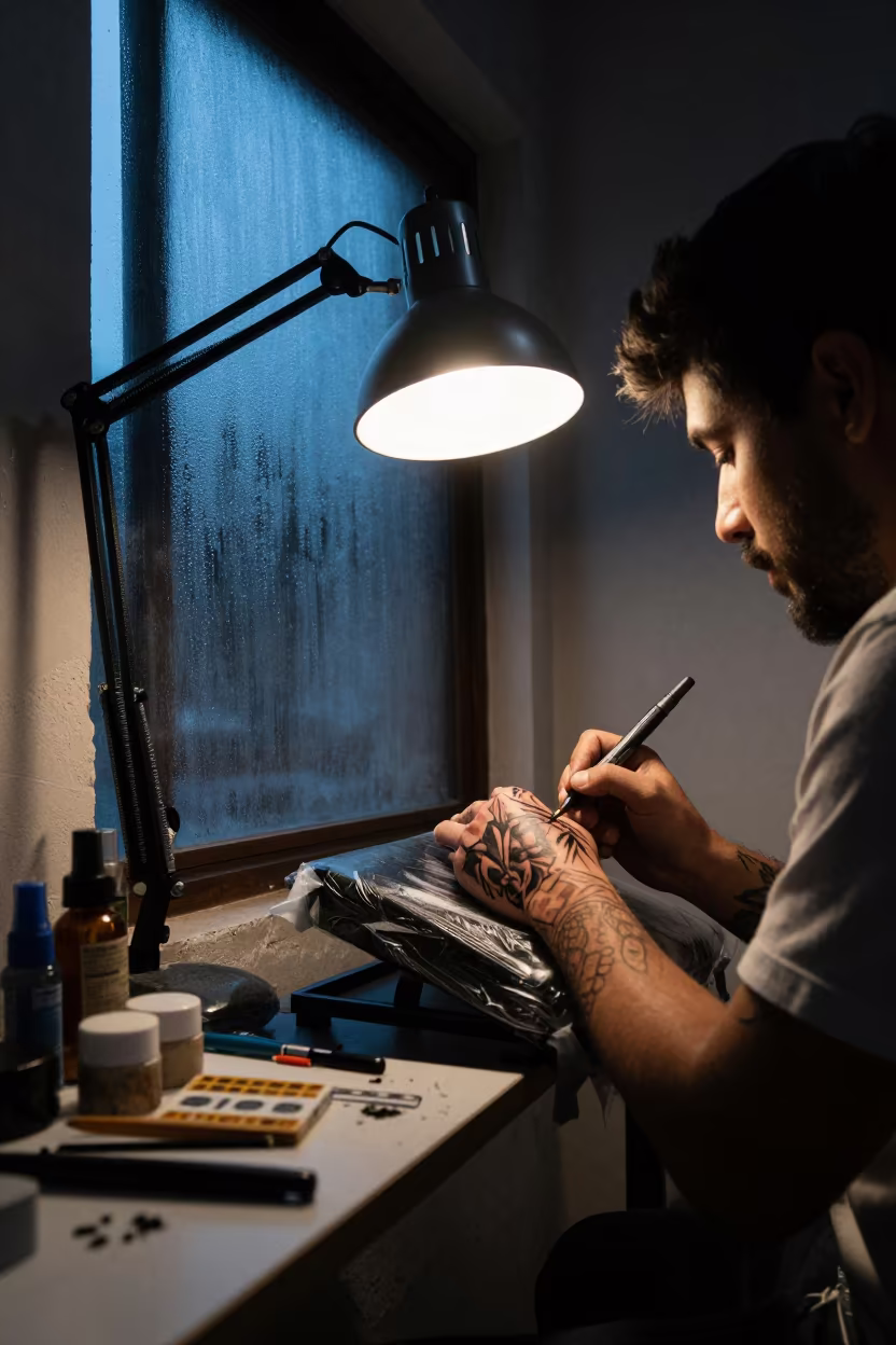 Tattoo Artist Crafting Sleeve Design at Twilight in inside a tattoo room where a client chair, task lamp, and stencil table frame the scene near Guayaquil
