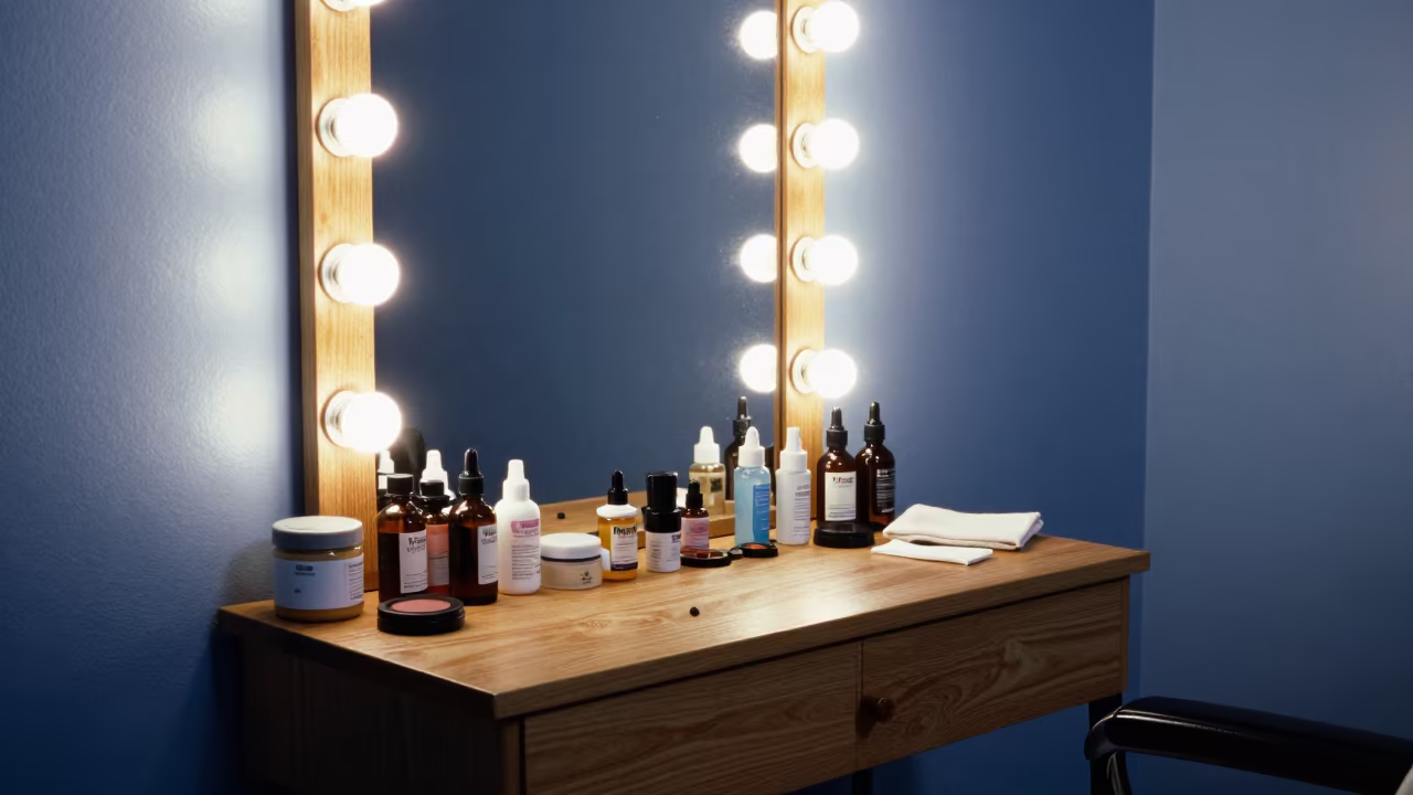 Tattoo Cover-up Makeup Table in Thies Barber Station in at a barber station beneath mirror bulbs in Thies