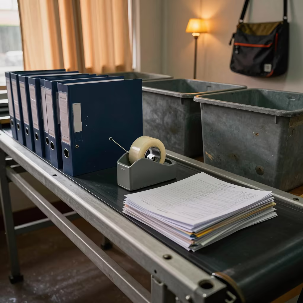 Taunggyi Sorting Belt with Binders and Tape in at a parcel sorting belt in Taunggyi