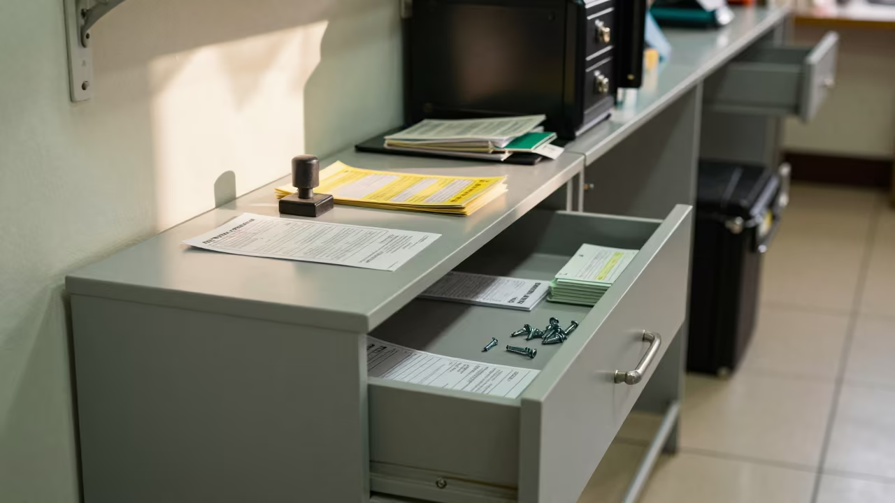 Tax Form Drawer with Claim Tickets and Screws in inside a fitting room corridor in Dakar