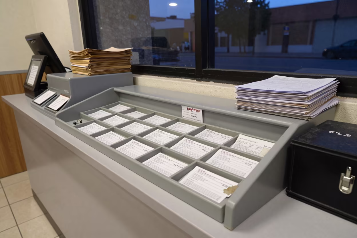 Tax Form Stamp Drawer Culiacán Counter in at a cash wrap counter with bags stacked nearby near Culiacán