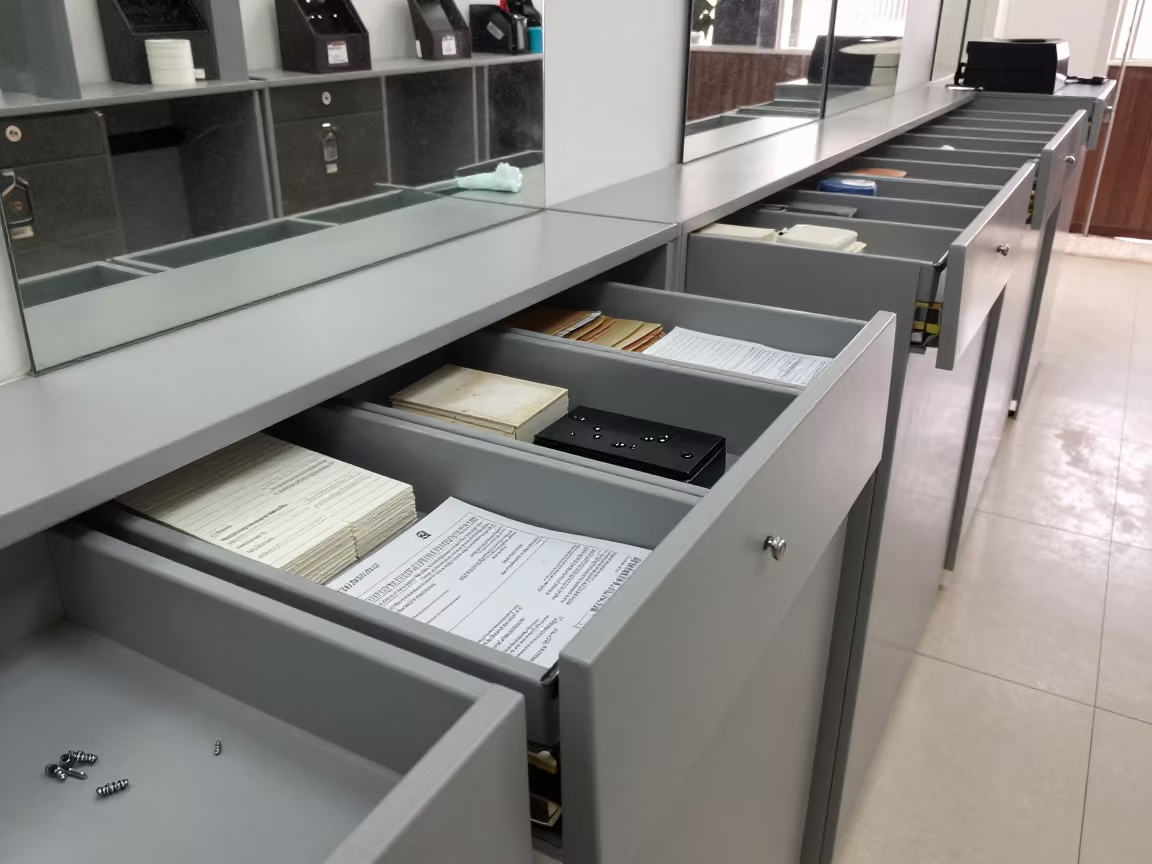 Tax-Free Form Drawer with Screws and Tickets in Lagos in inside a fitting room corridor in Lagos