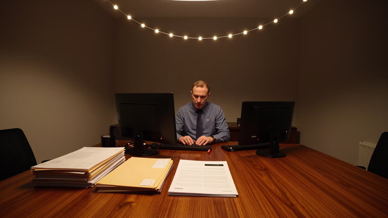 Tax Prep Workspace on Boardroom Table in at a boardroom table before a meeting in East London