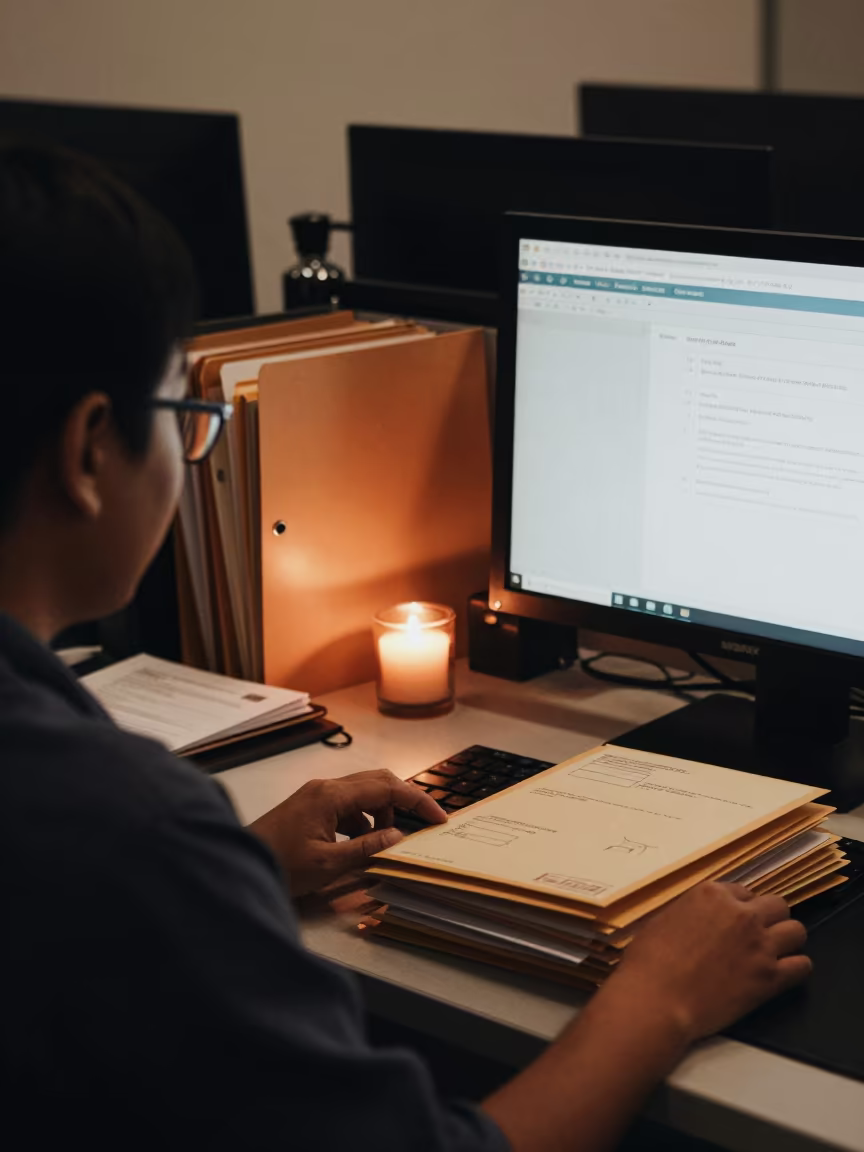 Tax Preparer Workspace Westminster Evening Glow in in an operations center under monitor glow in City of Westminster