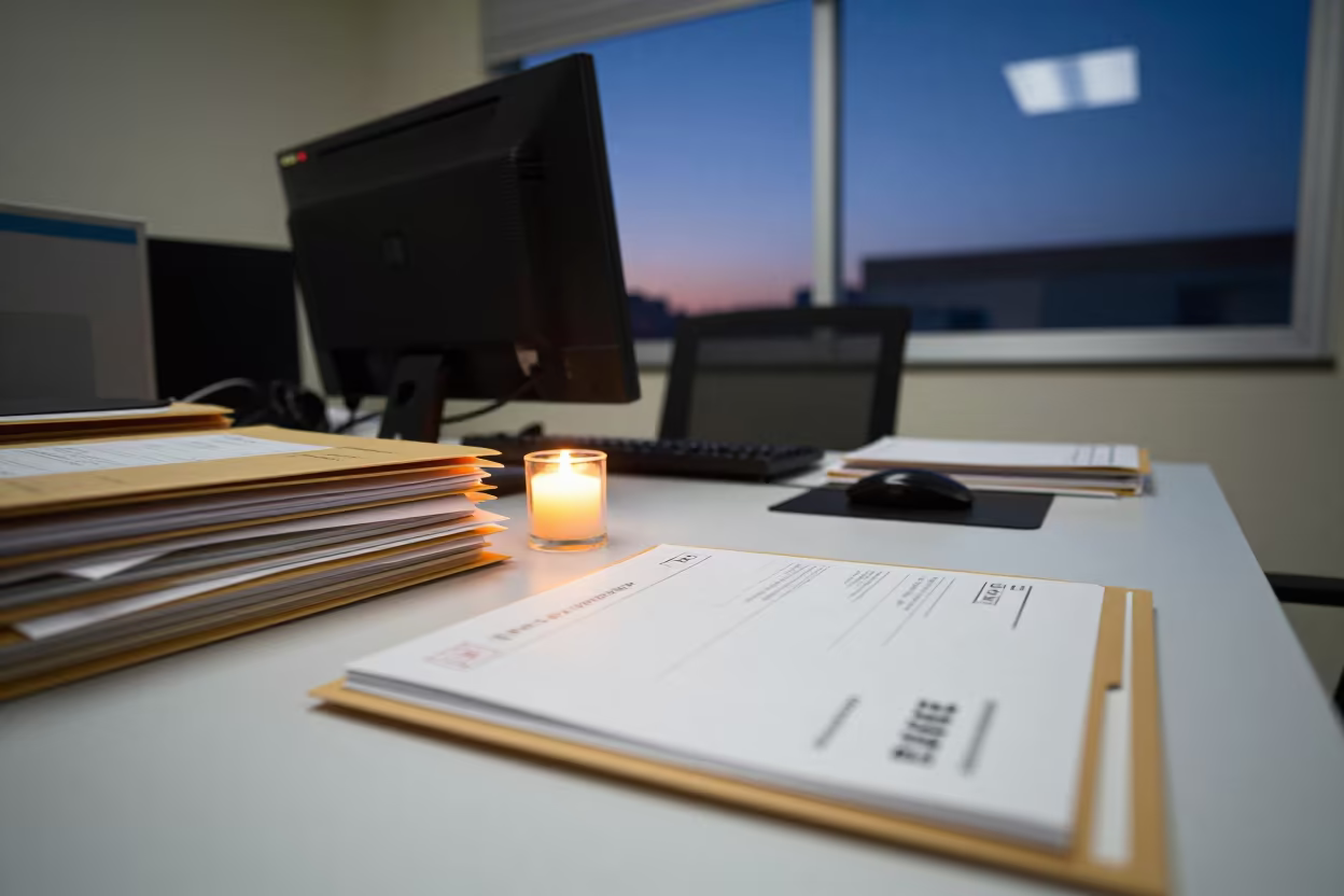 Tax Preparer Workstation Under Indigo Twilight Glow in in an operations center under monitor glow in Wenzhou