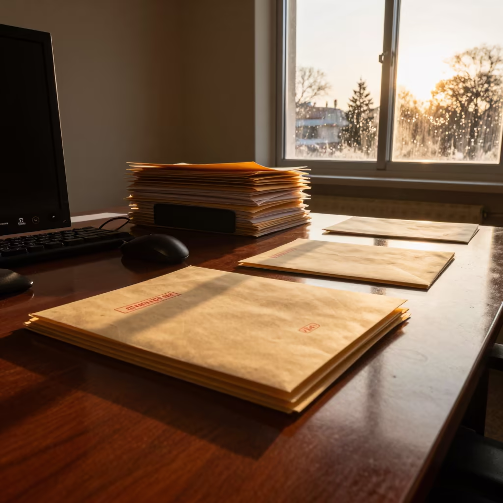 Tax workspace with sunset light on boardroom table in Nizip in at a boardroom table before a meeting in Nizip