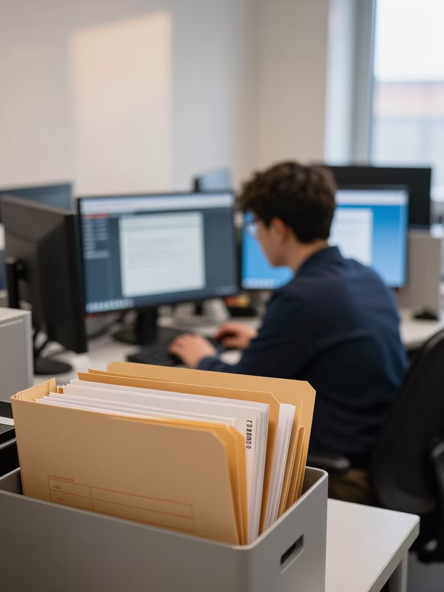 Tax Workstation with Manilla Folders Under Early Light in in an operations center under monitor glow near Montpellier