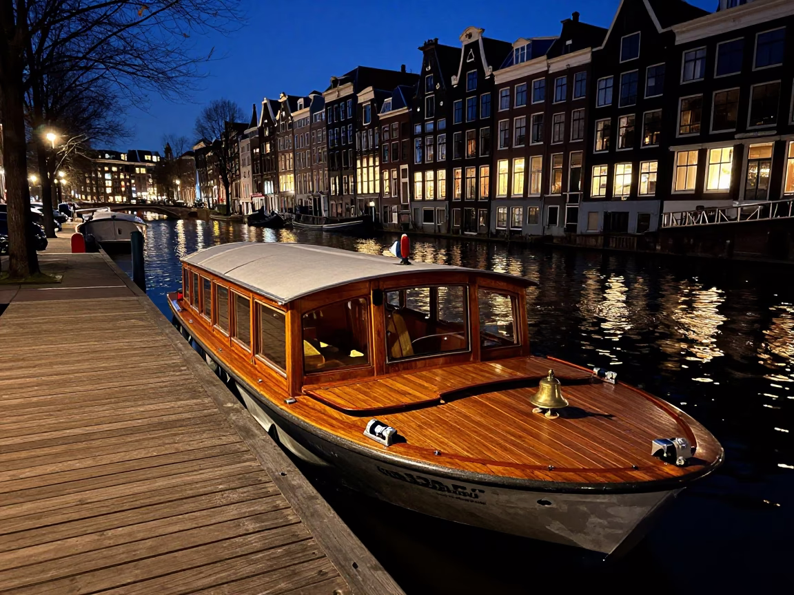 Taxi Dock in Amsterdam at As City Lights Begin To Glow in in Amsterdam, Netherlands