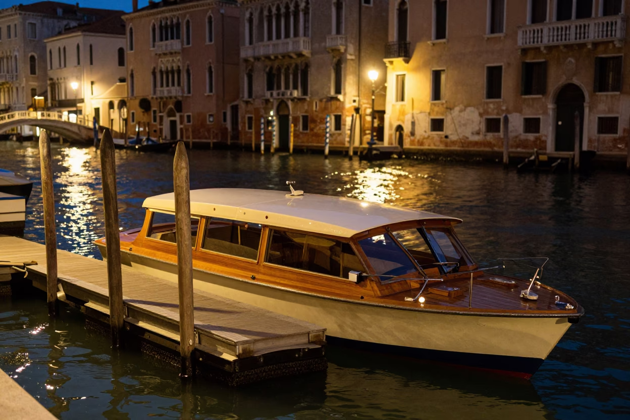 Taxi Docked in Venice at As City Lights Begin To Glow in in Venice, Italy