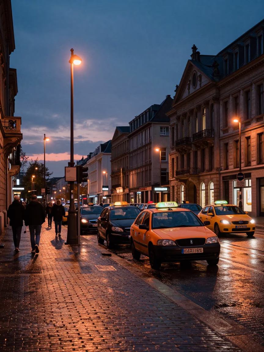Taxi Rank in Brussels at Copper-toned Light Before Dusk in in Brussels, Belgium