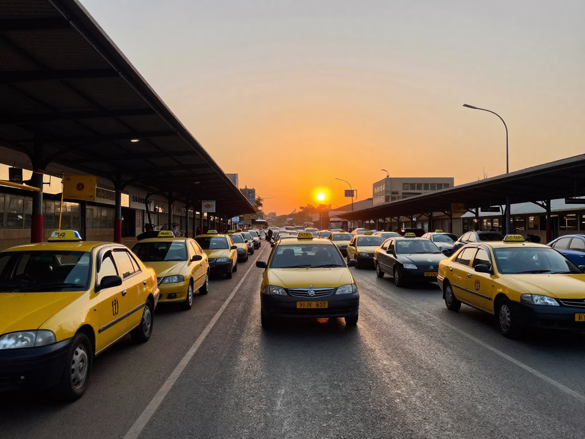 Taxi Rank in Johannesburg at As The Sun Drops Toward The Horizon in in Johannesburg, South Africa