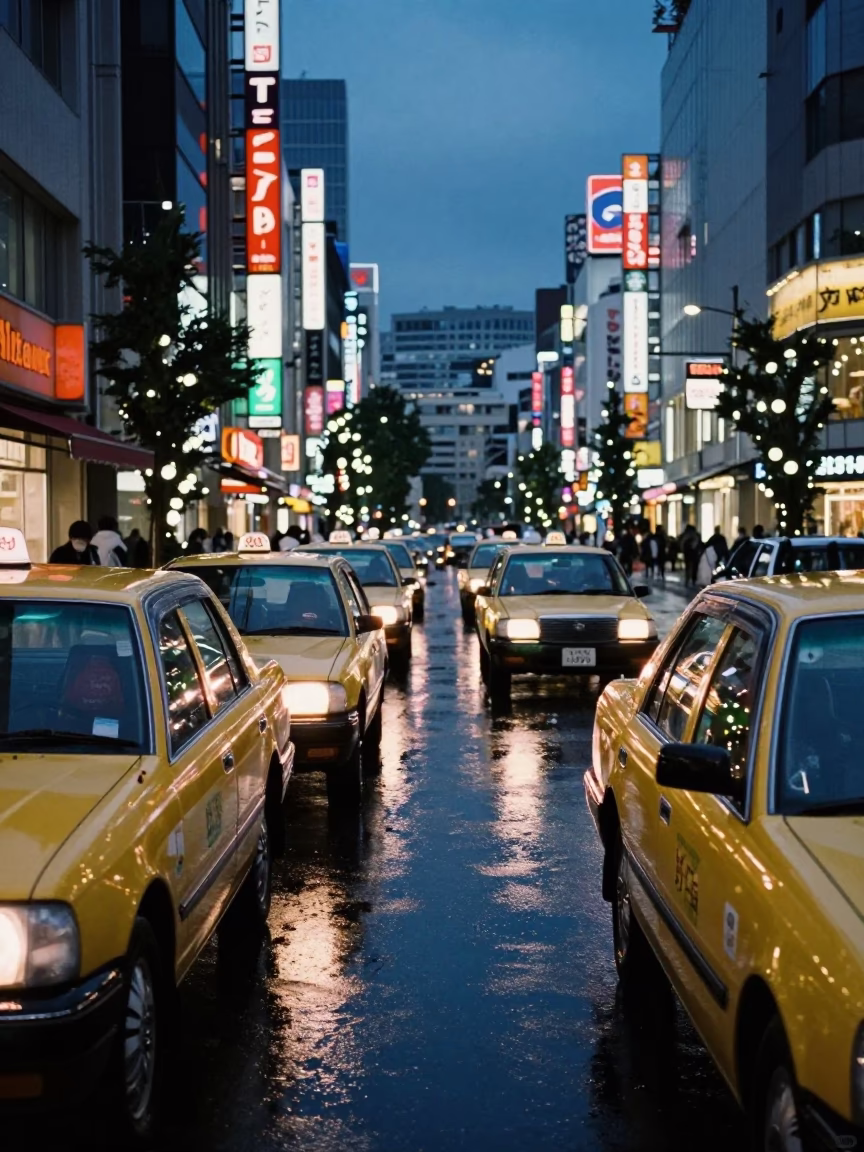 Taxi Rank in Tokyo at Indigo Twilight After Sunset in in Tokyo, Japan