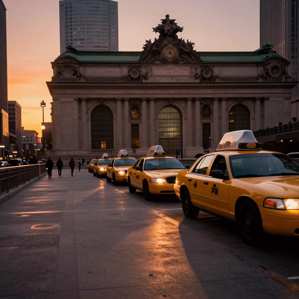 Taxi Rank Outside Los Angeles Union Station at Twilight with Commuters and Urban Lighting in in Los Angeles, California, United States