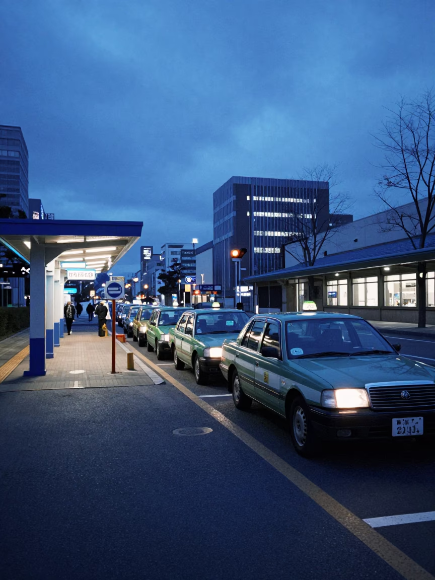Taxi Rank Outside Sapporo Station in Blue Evening Light with City Background in in Sapporo, Japan