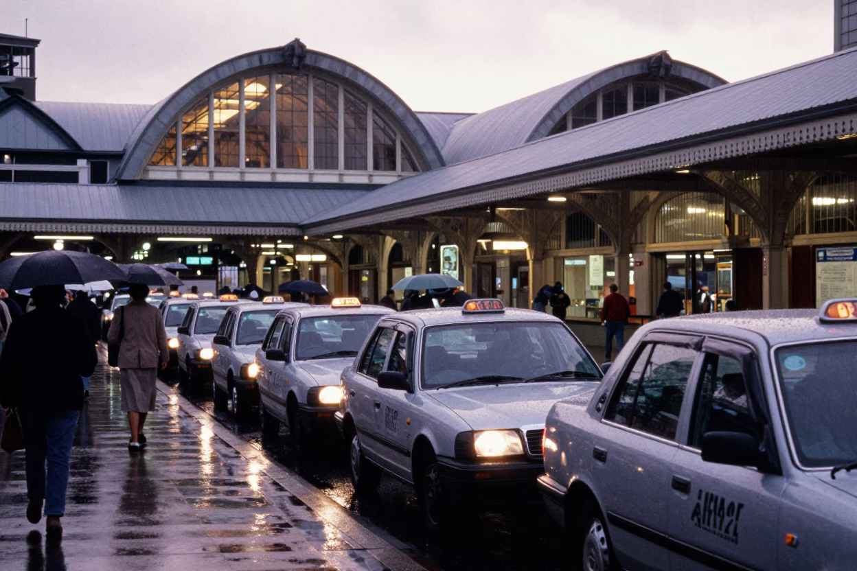 Taxi Rank Outside Wellington Railway Station at Nautical Dawn with Ferry Mountains in in Wellington, New Zealand