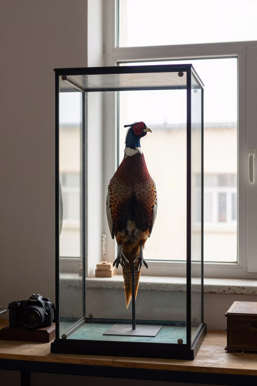 Taxidermist Mounting Pheasant in Xining Workshop in on a workshop shelf in Xining
