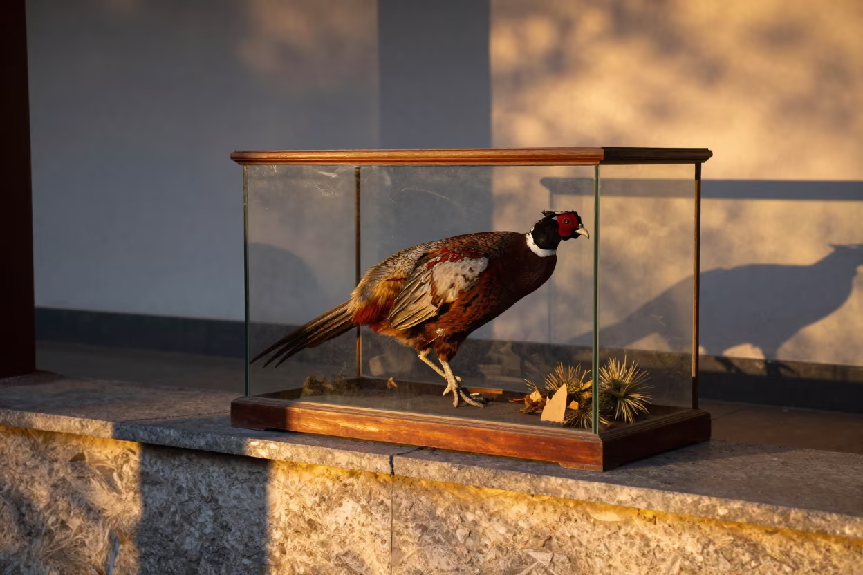 Taxidermist Mounts Pheasant on Stone Ledge in on a stone ledge in Des Moines