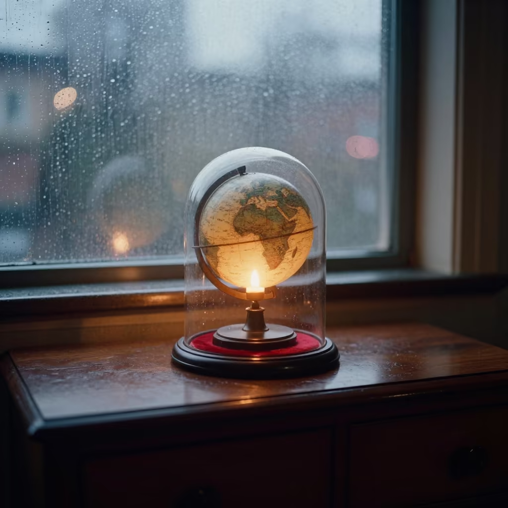 Taxidermy Globe Under Glass Bell on Hotel Dresser in on a hotel dresser near Bata