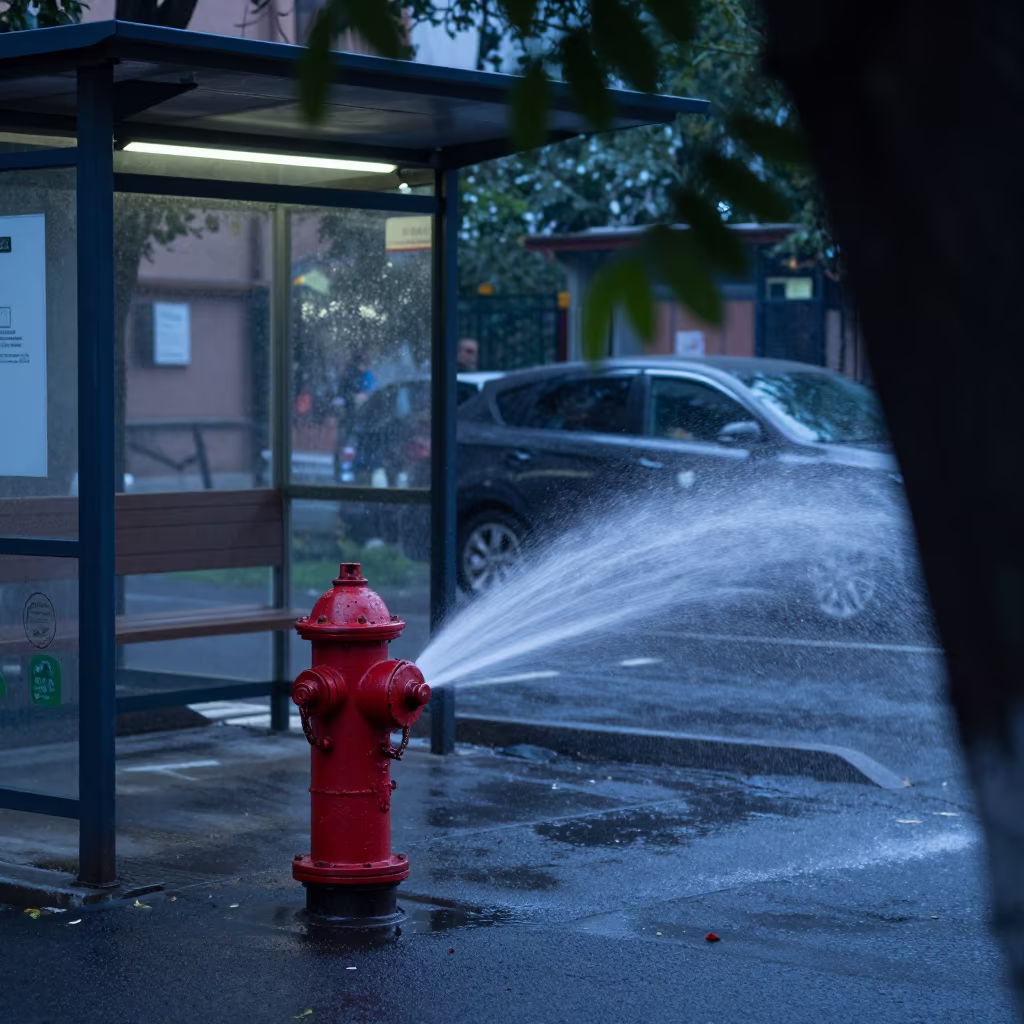 Tbilisi hydrant sprays steam on blue hour asphalt in beside a steamed-up bus shelter in Tbilisi