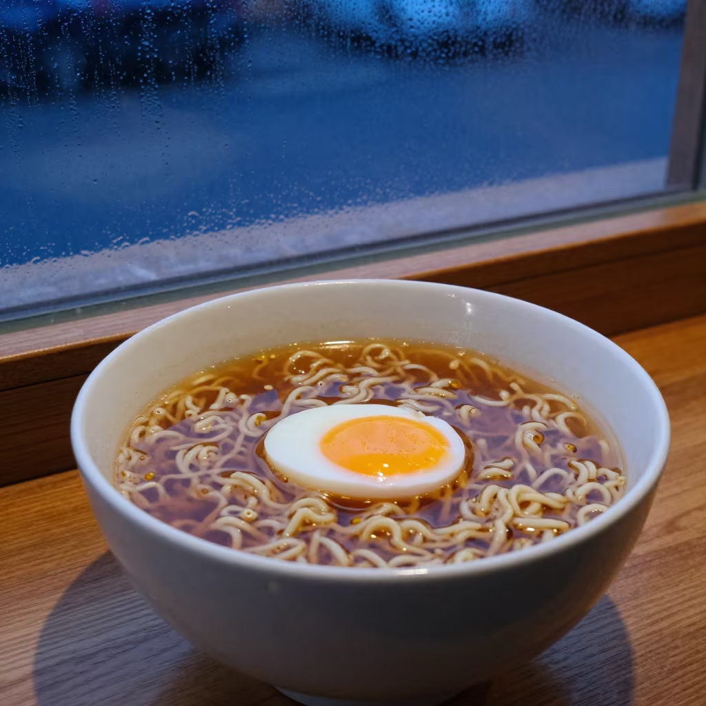 Tbilisi Ramen Bowl with Soft Egg at Blue Hour in at a noodle counter in Tbilisi