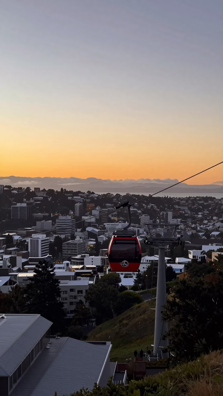 Te Aro Cable Car Crossing Valley Over Wellington Rooftops at Sunset in in Wellington, New Zealand