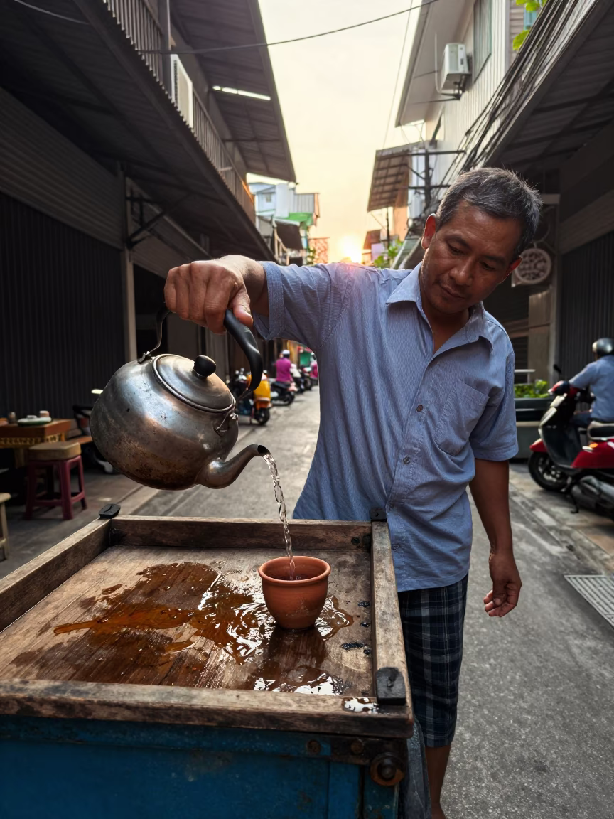 Tea Alleyway at As First Light Reaches The Scene in Bangkok in in Bangkok, Thailand