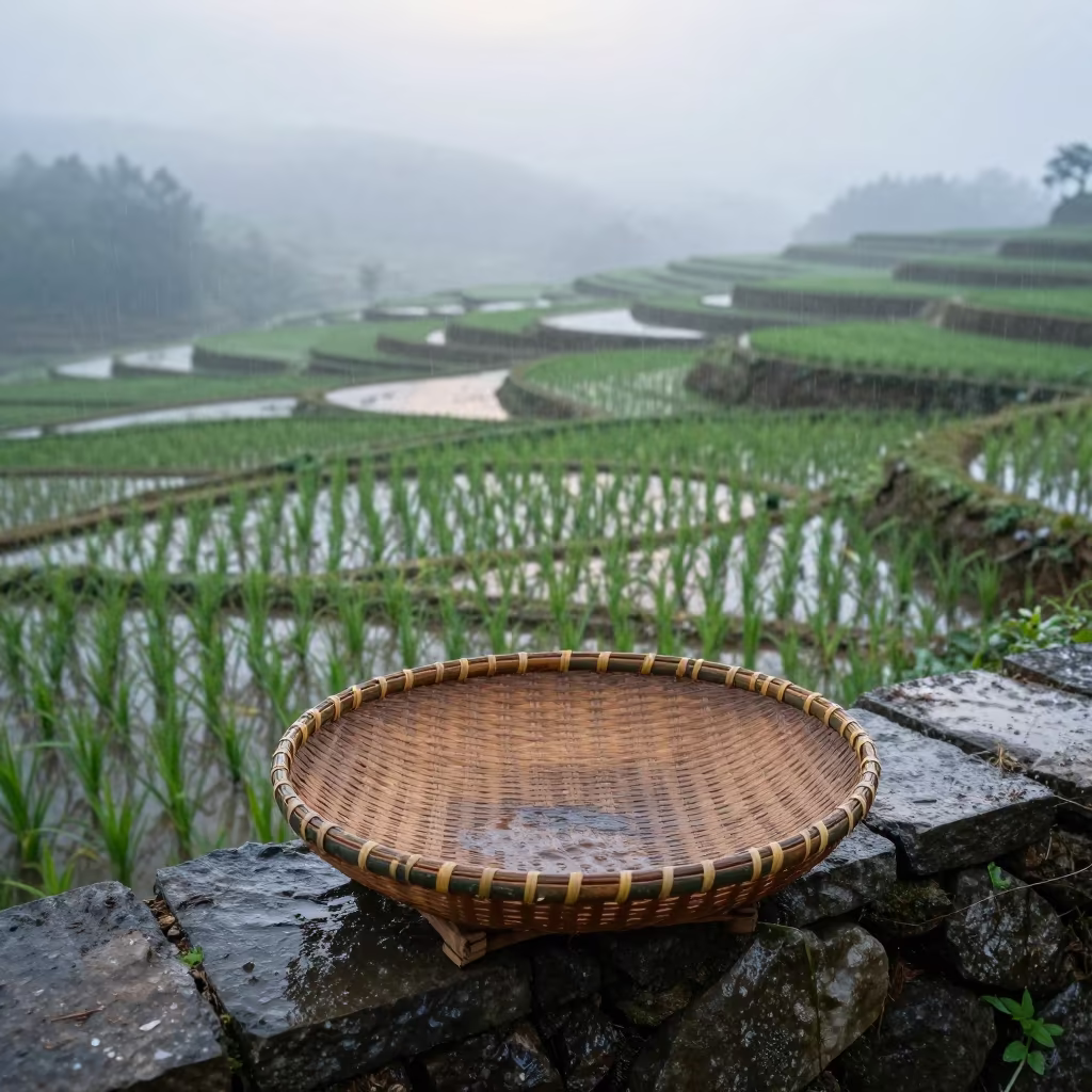 Tea Basket on Stone Wall in Wet Season Dawn in among terraced rice paddies in Kuala Lumpur