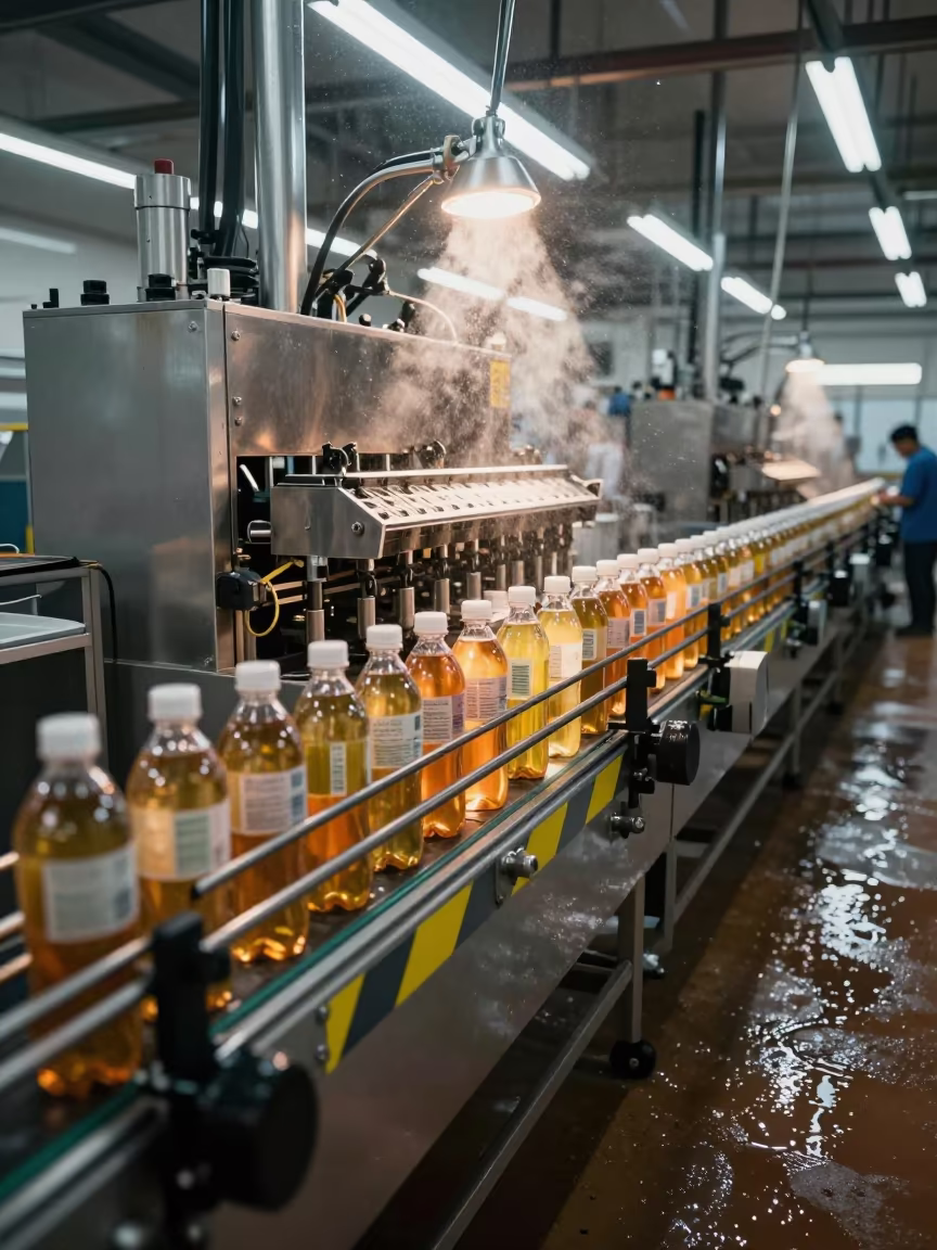 Tea Bottling Line Under Task Light in inside a tea-processing hall near San Antonio