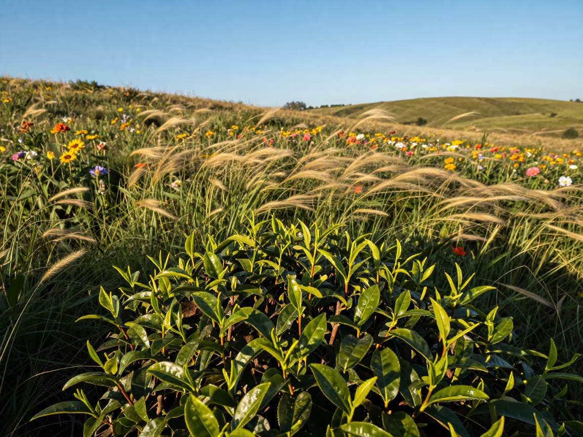 Tea Bush Shoots in Aragon Meadow in in a bloom-heavy meadow in Aragon